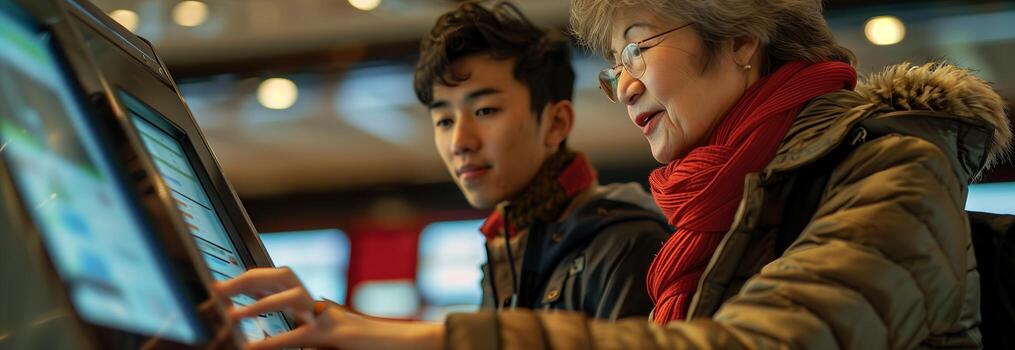 Two people looking at a computer screen photo