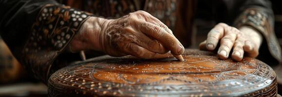 A person is using a wooden object to make a bowl photo
