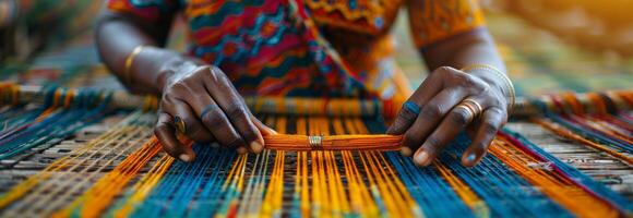 A woman is weaving a colorful cloth on a loom photo