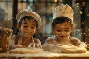 Two children in chef hats making dough photo