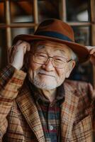 An old man wearing a hat and glasses photo