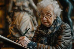 An elderly woman is writing on a piece of paper photo