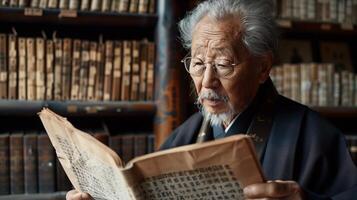 An old man reading an old book in a library photo