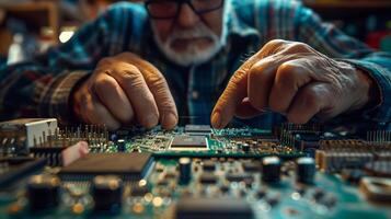 An older man working on a computer motherboard photo