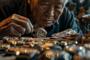An old man working on a watch in a workshop photo