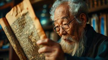 An old man reading a book in a library photo