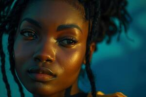A beautiful young woman with dreadlocks and a yellow top photo