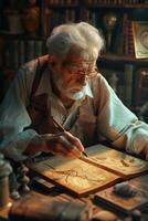 An old man is writing on a book photo