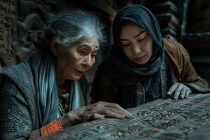 Two women looking at an ancient writing tablet photo