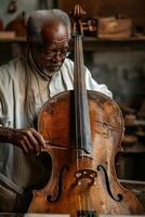 An old man playing a cello in a workshop photo