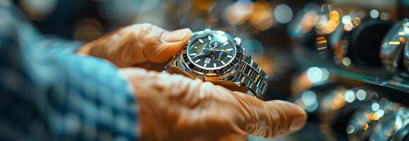 A person holding a watch in front of a clock photo