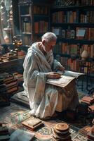 un antiguo hombre sentado en un biblioteca con libros foto