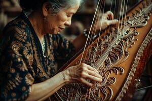 An older woman playing a harp in a shop photo