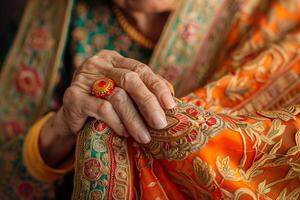 An elderly woman in an orange and gold sari photo