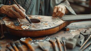 A person is working on a guitar with a wooden case photo