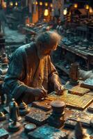 An old man is working on a table with many items photo