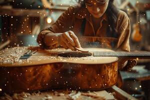 A woman is working on a guitar in a workshop photo