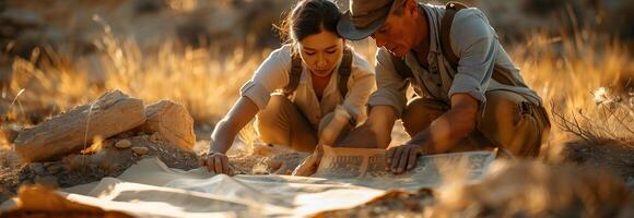 Two people looking at a map in the desert photo