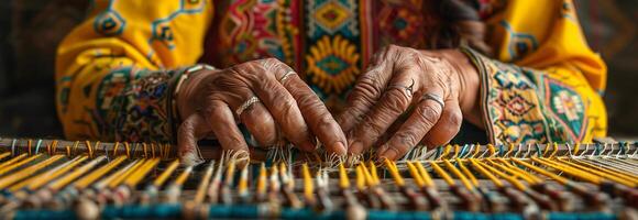 A woman's hands are weaving on a loom photo