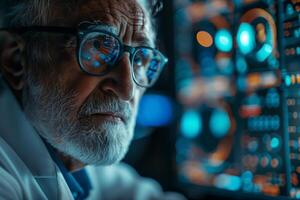 An older man in glasses looking at a computer screen photo