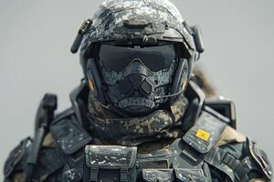 A soldier in a military uniform and helmet photo