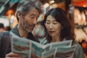 An older couple looking at a map in a market photo