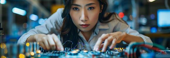 A woman working on a computer in an electronics factory photo