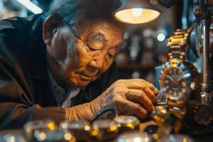 An old man working on a watch in a workshop photo