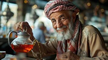 An old man with a beard and turban is pouring tea photo