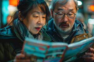 An older couple looking at a map while standing in a crowd photo