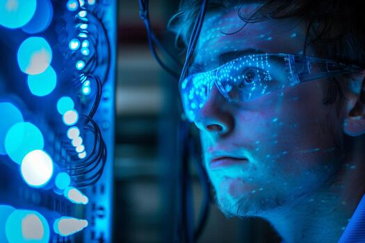 A man wearing glasses and looking at a computer screen photo