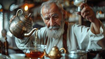 An old man with a beard pouring tea into a teapot photo