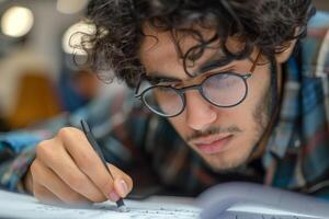 A man with glasses writing on a piece of paper photo