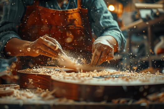 A man is working on a guitar with wood photo