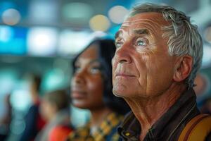 An older man looking up at something in an airport photo