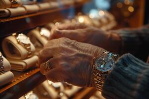 An elderly man is looking at watches in a store photo