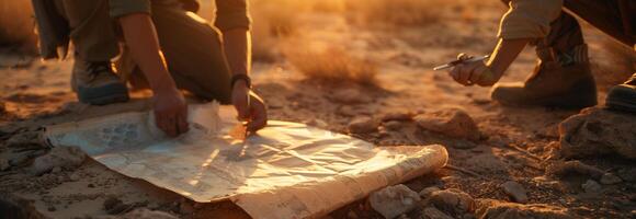 Two people are looking at a map in the desert photo
