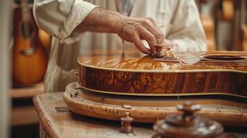A man is working on a guitar in a workshop photo