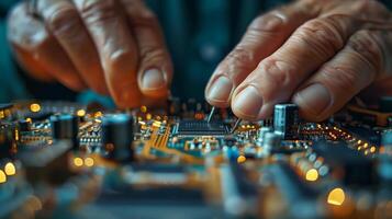Hands of an old man working on a circuit board photo