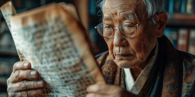An old man reading a book in a library photo