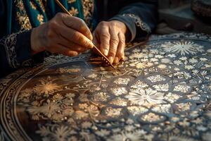 A woman is working on a table with a knife photo