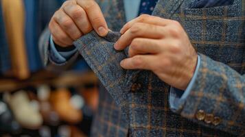 A man in a suit is adjusting his jacket photo