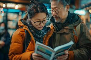 A man and woman looking at a map while standing in a city photo