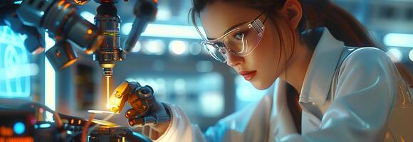 A woman in a lab coat working on a machine photo