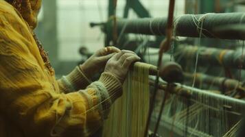 A woman is working on a weaving machine photo