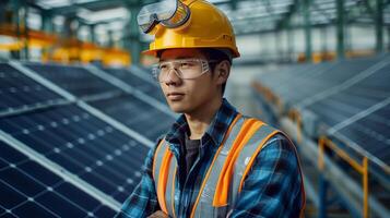 An asian man in a hard hat and safety glasses standing in front of solar panels photo