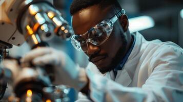 A man in a lab coat is working on a microscope photo