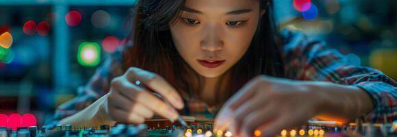 A woman working on electronics in a factory photo
