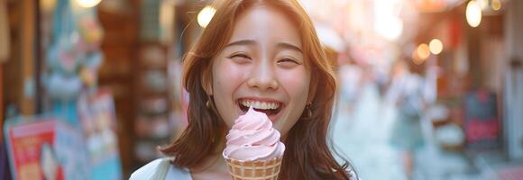 A woman is smiling while holding an ice cream cone photo