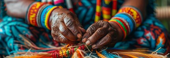 A woman is weaving a colorful scarf photo
